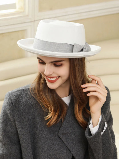 🍒Women's fall and winter hat wool felt fedora with side bow classic italian style hat rolled brim flat top fashion headwear  FED Up with DORA stealing your HATS get this and hide in your cool closet