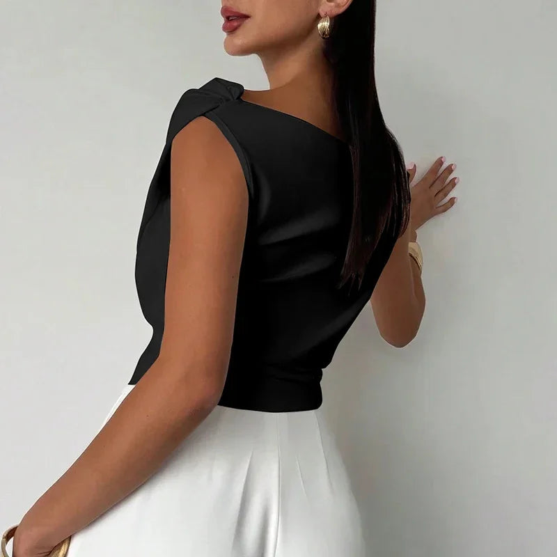 🍒Fashion office wear female slash neck top sleeveless one shoulder top for women elegant summer shirt white black off shoulder top holiday wear blouses smart casual vacation clothes Make No Mistake Close This Drape
