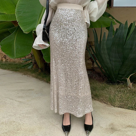 🍒Sequin maxi skirt summer elasticated waist skirts full length bodycon fashion clothing for women glitter party club wear for women