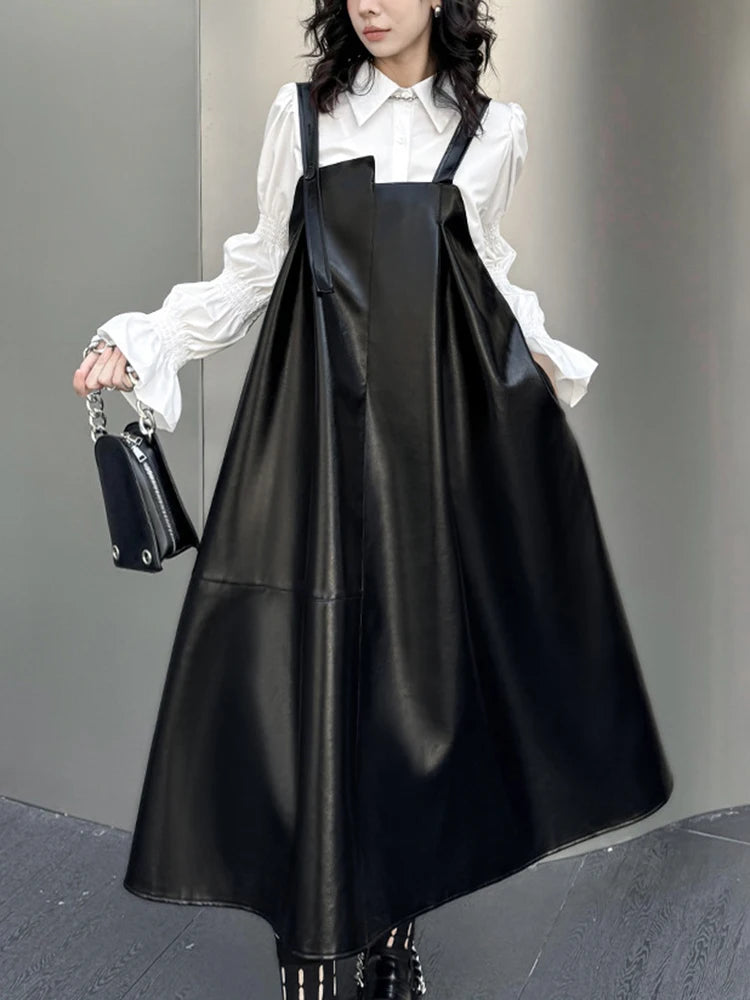 🍒Black faux leather dress big swing size midi spaghetti strap square neck outfit pu shiny with seeveless occasion party wear clothing smart casual women Black Swirly Pearl