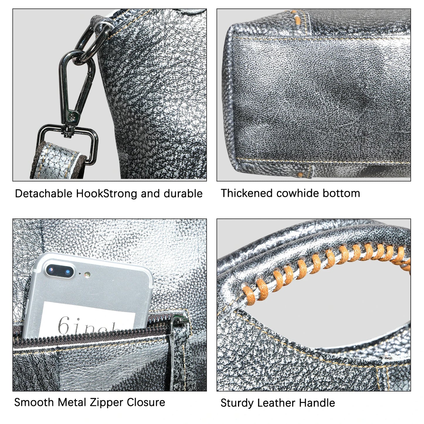 🍒genuine leather designer tote bags for women thick soft real leather luxury designer shopper bags tote purse with zipper grab bag leather silver crossbody bag Shine With Silver style Boast With Browns Back Up With Black