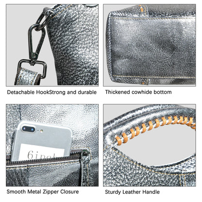 🍒genuine leather designer tote bags for women thick soft real leather luxury designer shopper bags tote purse with zipper grab bag leather silver crossbody bag Shine With Silver style Boast With Browns Back Up With Black