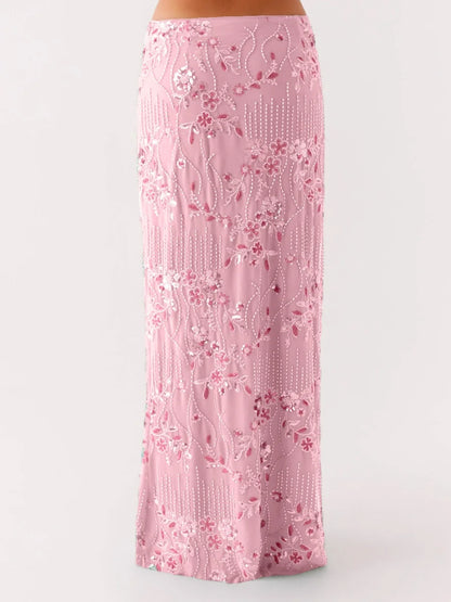 🍒Sequin maxi skirt high waist sparkle pearl embellished long  skirt for women glitter rhinestone fashion going out club clothes You Dont Need To Be At A Seaside ROCK This SWEET