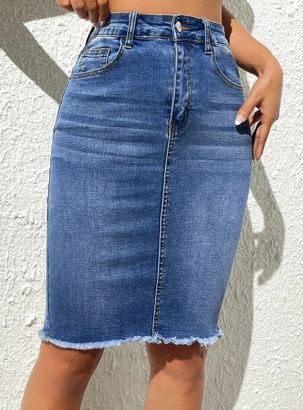 🍒 Denim knee mid length Skirt slim fit high waist solid casual women's fashion regular elegant raw hem bodycon button and Pocketed female Summer clothes Denim Day Doer