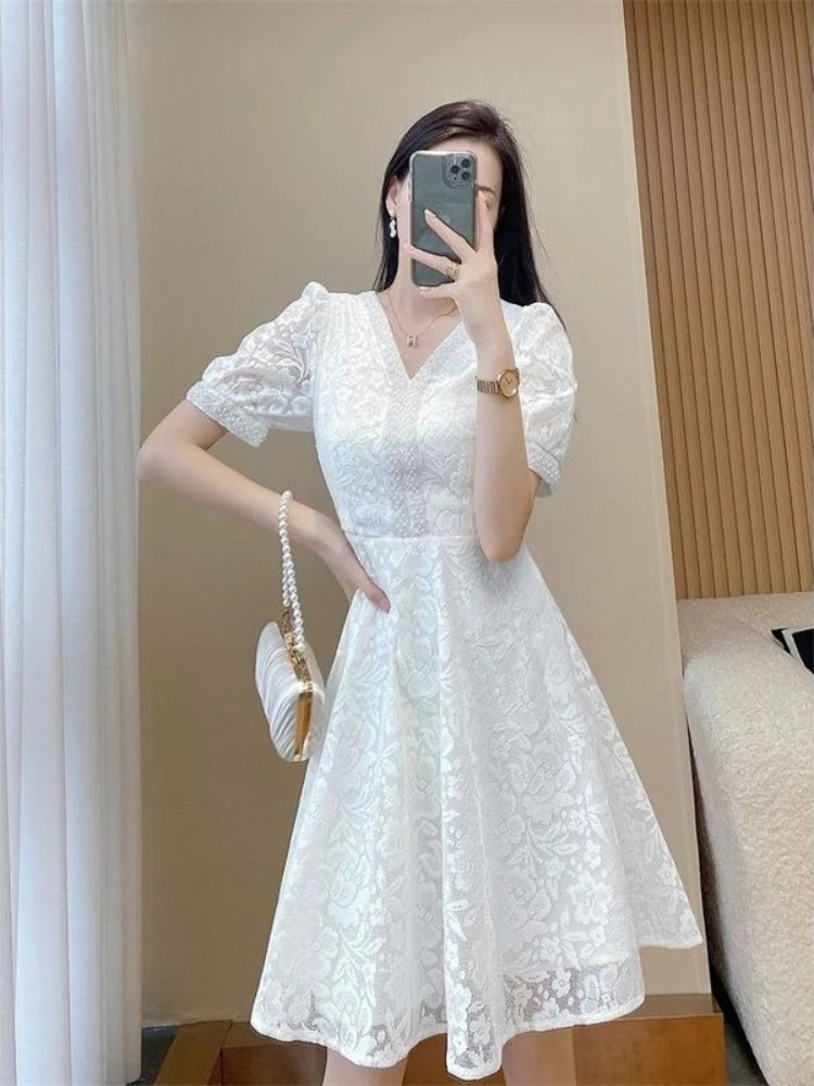 🍒Dress special occasion outfits women midi frock in white colour lace one-piece elegant chic  summer fashion plus size clothing