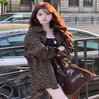 🍒Animal print shirt jacket womens loose leopard print outerwear for spring clothing loose lazy smart casual female fashion office commuting wear SAFAR as I CAN SEE this ANIMAL’S cool