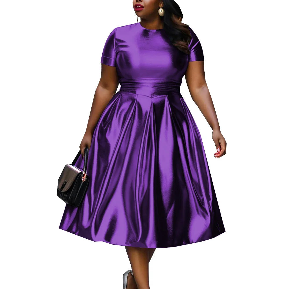 🍒A-line shiny dress metallic short sleeve midi for women plus size outfit fit and flare elastic dress smart casual clothing Summer Stunner