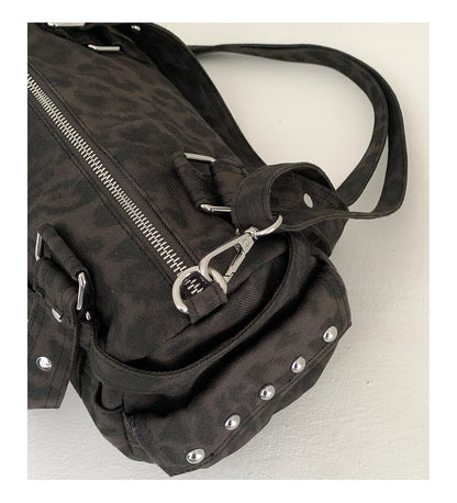 🍒Vintage leopard handbag rivet bag motorcycle barrel shaped crossbody bag boston casual female shoulder fashion totes  Jump On This Animal Its Barrels Of Fun