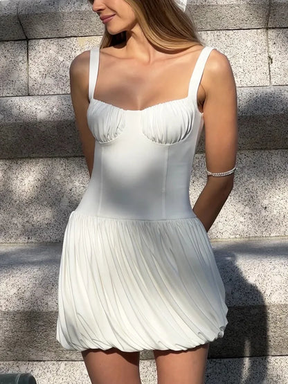 🍒Spaghetti strap puffy dress backless short v-neck mini outfits with spaghetti straps solid ruched slim bud pleated a-line clothing birthday partywear Perfect Pink Powder Puff