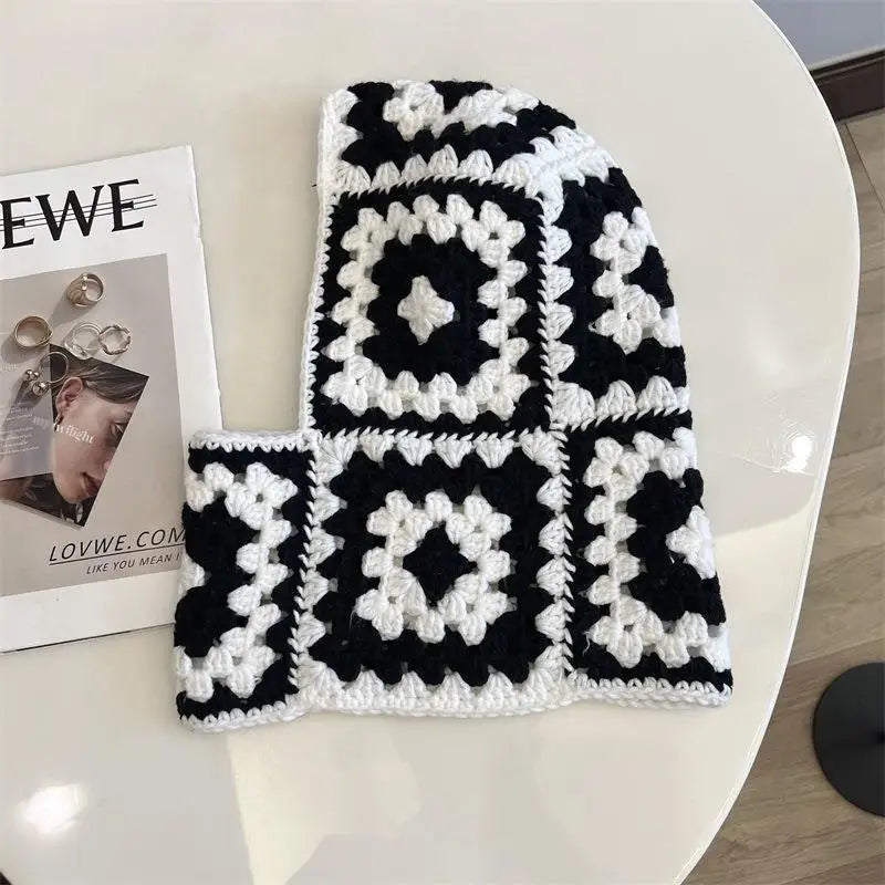 🍒Stylish balaclava hat for adults autumn winter knitted Hats for women handmade unique neck gaiter neck warmer retro knitwear fashion warm ear protection black and white grid hood KNIT this PEARL Into Your Hat Wardrobe