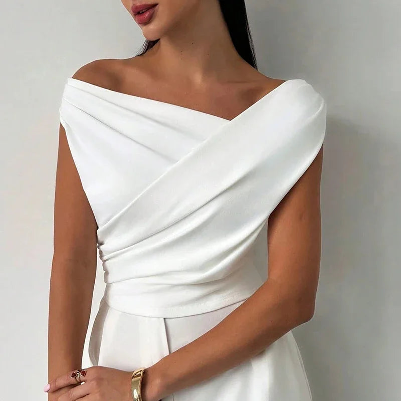 🍒Fashion office wear female slash neck top sleeveless one shoulder top for women elegant summer shirt white black off shoulder top holiday wear blouses smart casual vacation clothes Make No Mistake Close This Drape