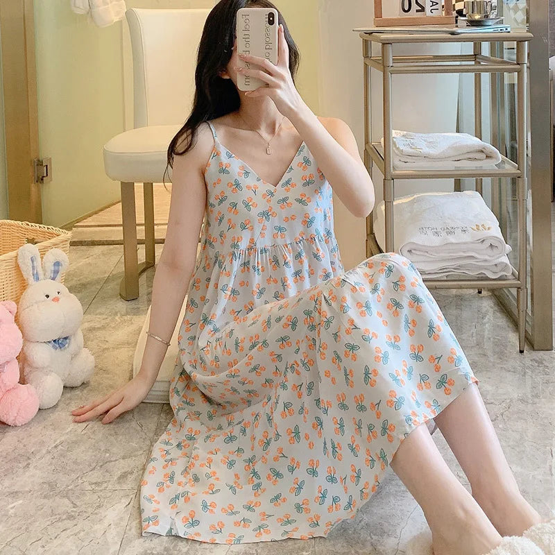 🍒Sleeveless night dress for Women breathable viscose cotton camisole nightie floral  night dress loungewear summer wear holidaywear nightwear Fresh Florals
