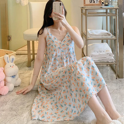 🍒Sleeveless night dress for Women breathable viscose cotton camisole nightie floral  night dress loungewear summer wear holidaywear nightwear Fresh Florals
