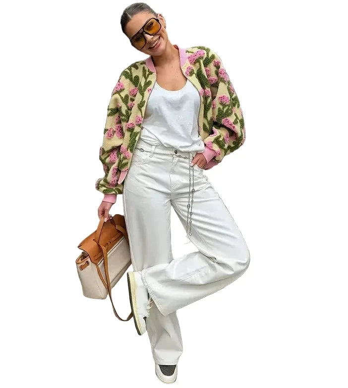 🍒Floral fleece bomber jacket women smart casual elegant stand collar bomber embroidery long sleeve zip up short coat spring outerwear 3D clothing  Fab Fleece Flowery Fashion Fun