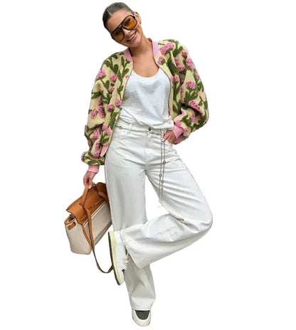 🍒Floral fleece bomber jacket women smart casual elegant stand collar bomber embroidery long sleeve zip up short coat spring outerwear 3D clothing  Fab Fleece Flowery Fashion Fun