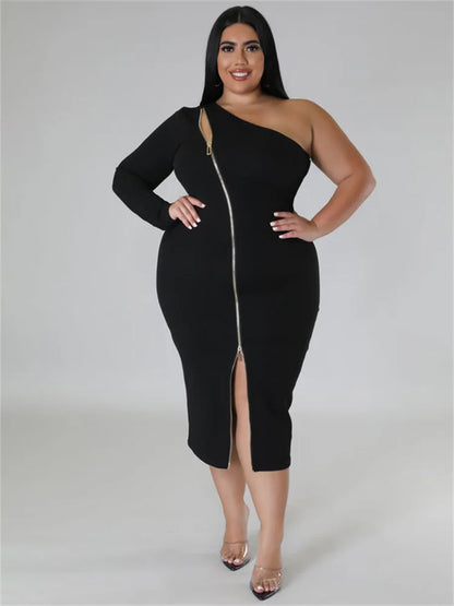 🍒midi dress for women plus size clothes single sleeve black zipper outfit elegant solid midi dresses Summer party clothes occasion wear Get Fitted With A Zip