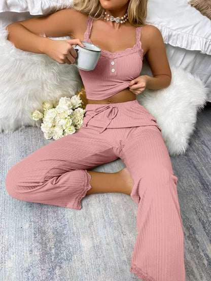 🍒Women's two-piece pyjama set with solid color lace edge camisole top and pants nightwear soft and cozy loungewear Comfy Cool