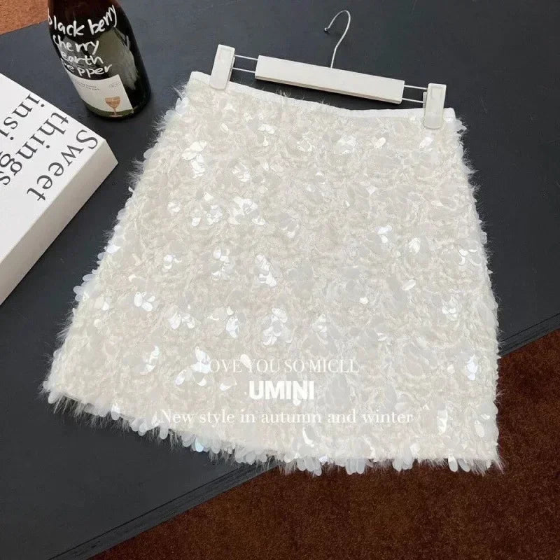 🍒High waist a-line mini skirt solid color smart casual clothes womens spring summer faxhion Y2k sequin clothing Get This feather and pluck out at that special occasion