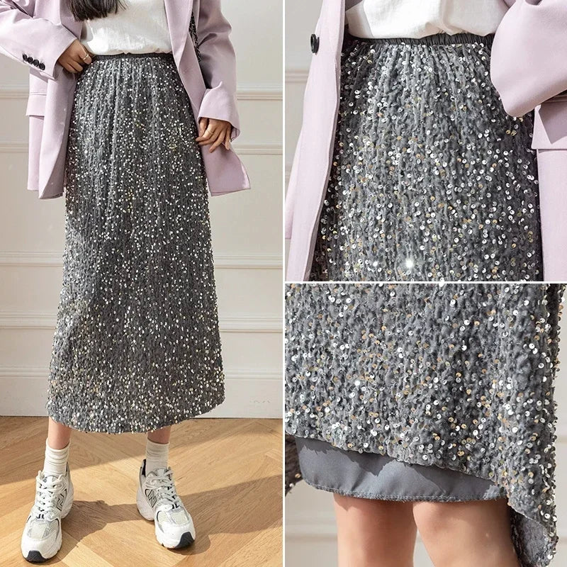 🍒Stylish summer skirts smart casual womens sequin clothes midi fashion black long skirt outfit y2k wear