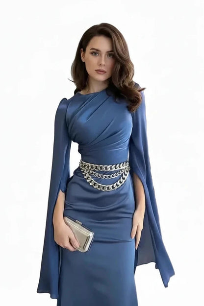 🍒Chiffon gown for women solid dress o-neck slim elegant evening wear bell sleeve high Waist outfit pleats long party occasion wear No Need To Ring For This Bell