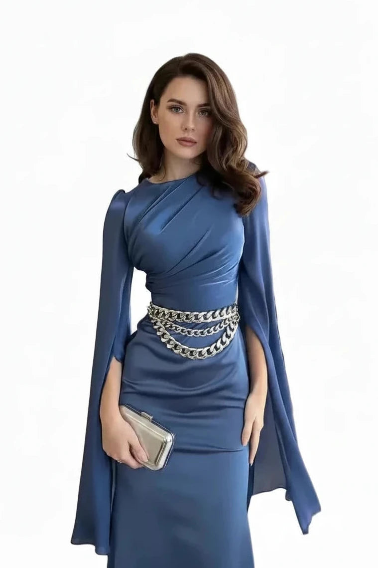 🍒Chiffon gown for women solid dress o-neck slim elegant evening wear bell sleeve high Waist outfit pleats long party occasion wear No Need To Ring For This Bell