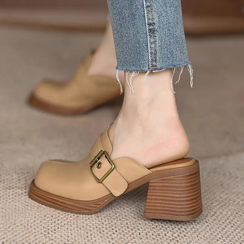 🍒Genuine leather buckle shoe open back mules for ladies smart casual summer footwear commuter thick heel slides