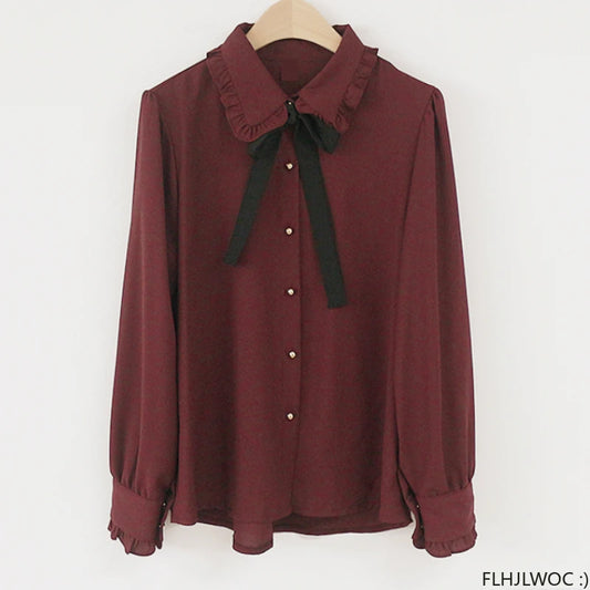 🍒Blouses with bows cute preppy style clothes women solid shirts  with ties formal work office wear essential summer clothing Pretty Up In Cute Bows