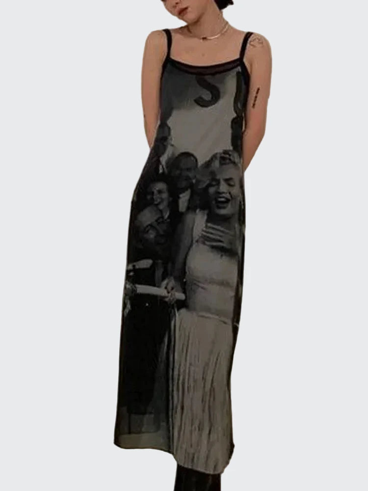 🍒Print vintage dress mesh Y2k spaghetti straps maxi outfits for women fashion straight dress party occasion wear club clothing Merry Munroe Midi