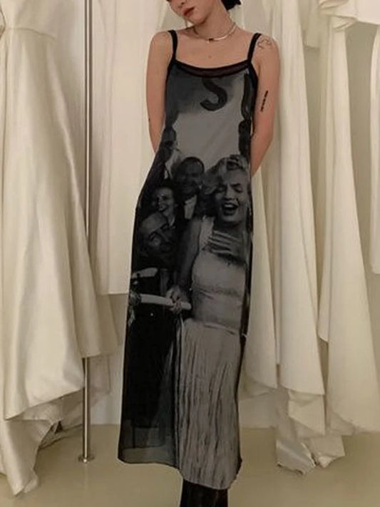 🍒Print vintage dress mesh Y2k spaghetti straps maxi outfits for women fashion straight dress party occasion wear club clothing Merry Munroe Midi