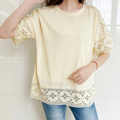 🍒Lace top women summer blouses short sleeve casual tees female tshirt solid color tunic oversized smart casual wear