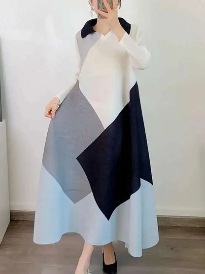 🍒Pleated dress long sleeves colour block outfit midi womens summer loose fashion autumn Clothes smart casual wear Diamond Dress