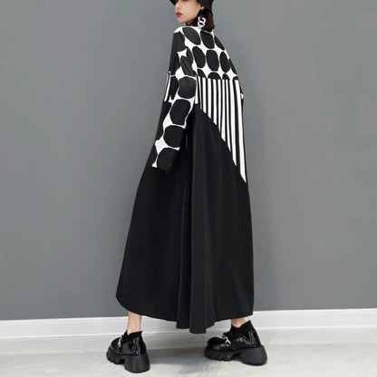 🍒Long sleeve loose fit shirt dress plus size woman black outfit with Dots striped fashion printed large smart casual dresses Spot The Stripes