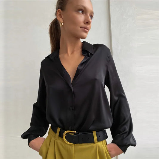 🍒Long sleeve elegant shirt spring summer clothing satin top lapel collar shirt for office Ladies blouses smat casual clothing women