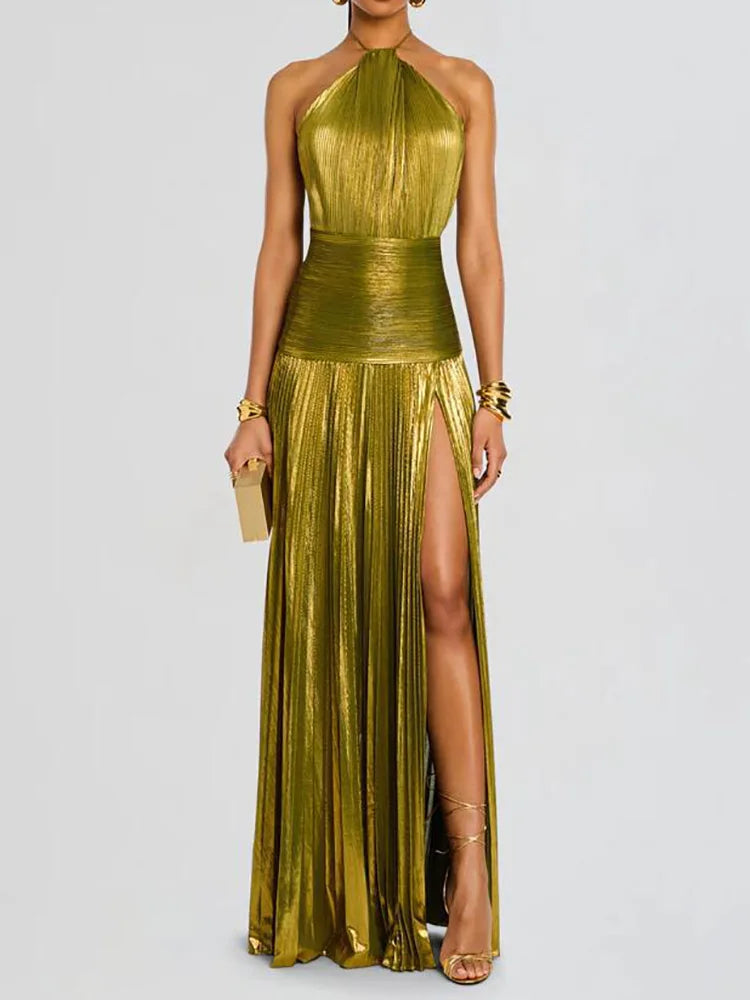 🍒Backless solid evening dress holiday party outfits halter elegant pleated maxi dress high street ladies fashion party occasion wear