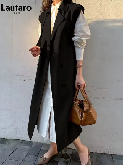 🍒Sleeveless trench coat for women with belt double breasted long vest maxi outerwear female loose autumn spring fashion Trendy Trench Trend