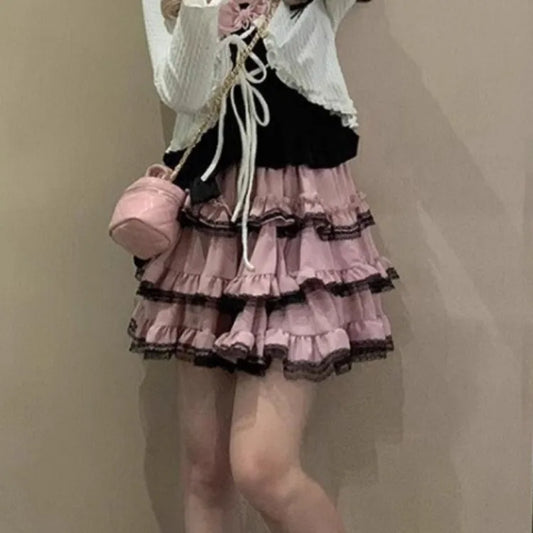 🍒Tiered pink mini skirt harajuku sweet lolita a-line fashion for women Y2k high waist cake skirts with ruched lace summer fashion wear smart casual clothing Put The Cherry On Top And Add This Cake To Your Wardrobe