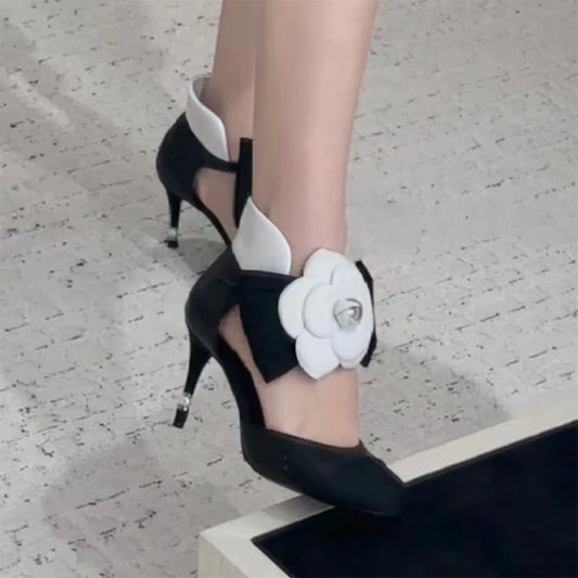 🍒Round toe floral high heels pearl design shoes sandals camellia flower straps stiletto with bow fashion footwear for women Mary Janes two tone Get Your Toes In A Rose