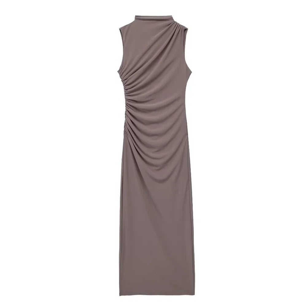 🍒Summer women's fashion solid colour ruched dress party occasion clothing midaxi outfit sleeveless
