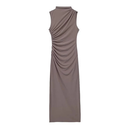 🍒Summer women's fashion solid colour ruched dress party occasion clothing midaxi outfit sleeveless