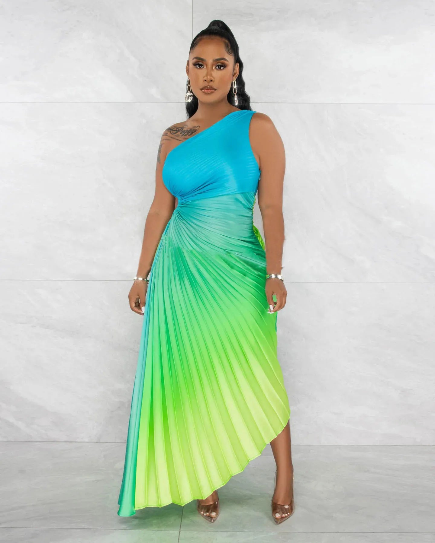 🍒One shoulder midi multicolour gradient printed dress pleated roll waist irregular hem maxi dress big sundial style midaxi outfit Sweet Summer Sundial