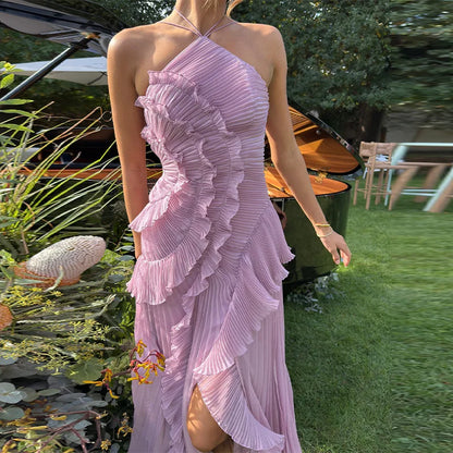 🍒Ruffles evening gown elegant neck strap pleated a-line midi dress solid color summer outfits backless vacation wear Y2k fashion party occasion wear       Get This Ruffle You'll Be Frilled