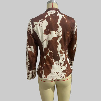🍒Casual Jacket for women  fashion brown animal print long sleeve jacket lapel styles and stand up collar slim blazer suits smart casual Cute Cow