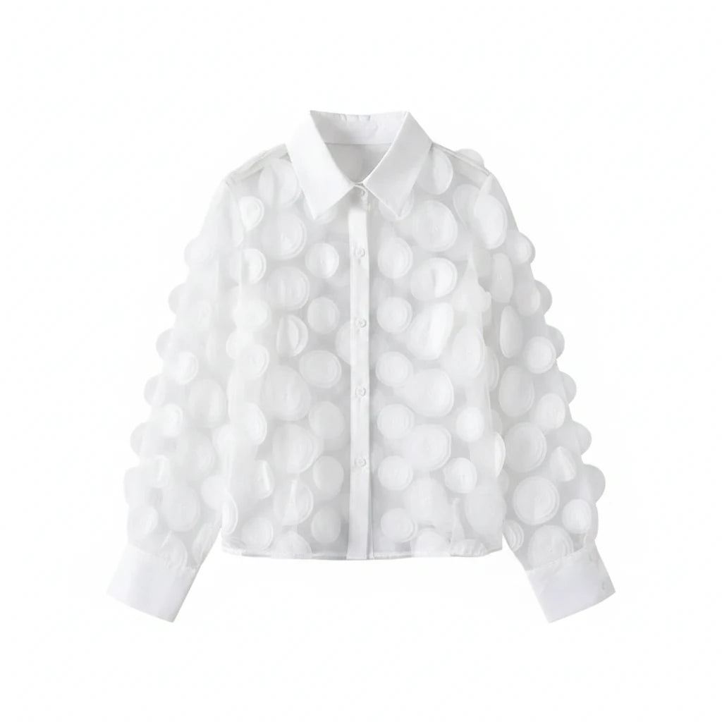 🍒Elegant french blouse 3D foral semi sheer mesh shirt top women lantern sleeve blouses summer Pick A Peach Or Two