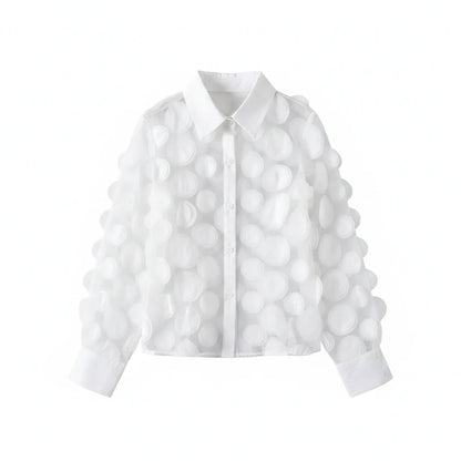 🍒Elegant french blouse 3D foral semi sheer mesh shirt top women lantern sleeve blouses summer Pick A Peach Or Two