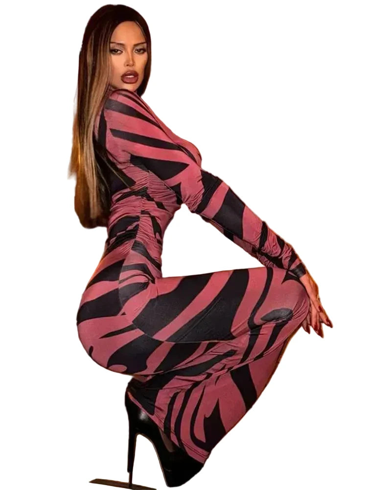 🍒Red striped long dress womens bodycon turtle neck zebra print mesh outfit clubwear party occasion wear clothing                       Catwalk Your Tiger