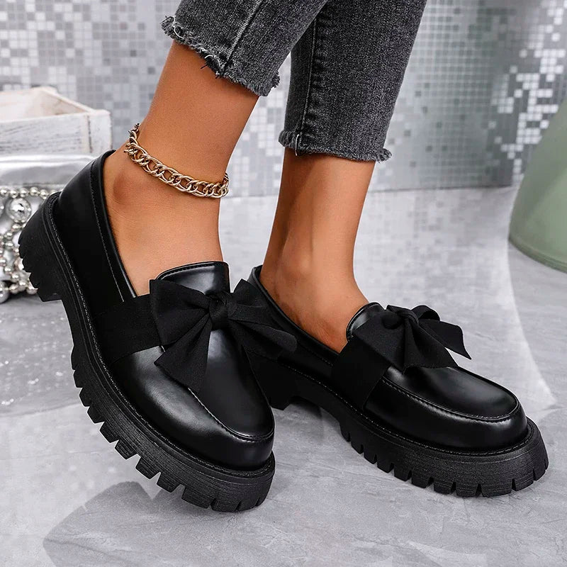 🍒Bow shoes for women's smart casual platform loafers fashion wine red patent leather footwear comfort slip on flat pumps plus size available Bob Along Bows