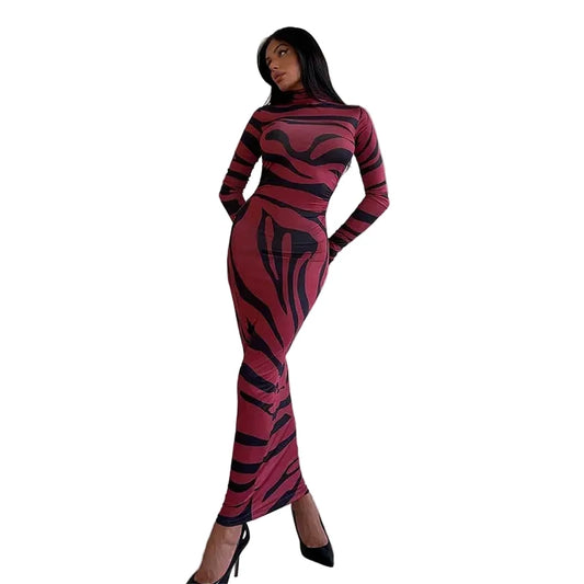 🍒Red striped long dress womens bodycon turtle neck zebra print mesh outfit clubwear party occasion wear clothing                       Catwalk Your Tiger