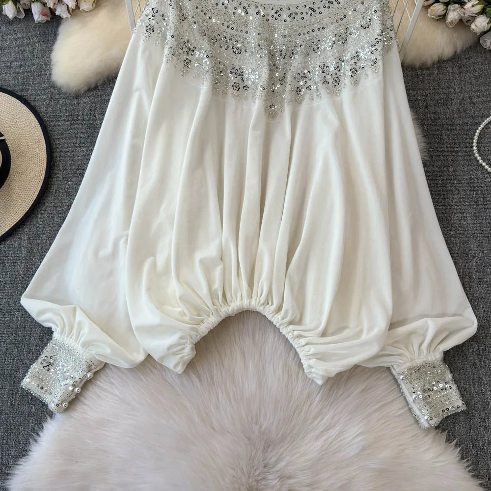 🍒Vintage velvet blouse women's velour shirt sequin  clothing elasticated waist top Loose party occasion wear clothing Voted Velvet Varying Never