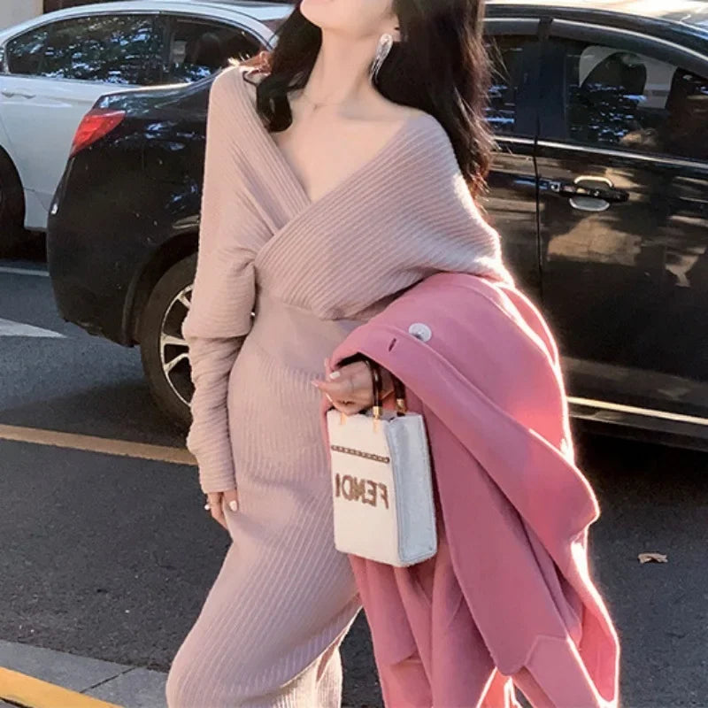 🍒V-neck knit dress criss cross elasticated waist batwing sleeve outfit slim fit elegant autumn winter fashion smart casual wear women Jump Into Knits