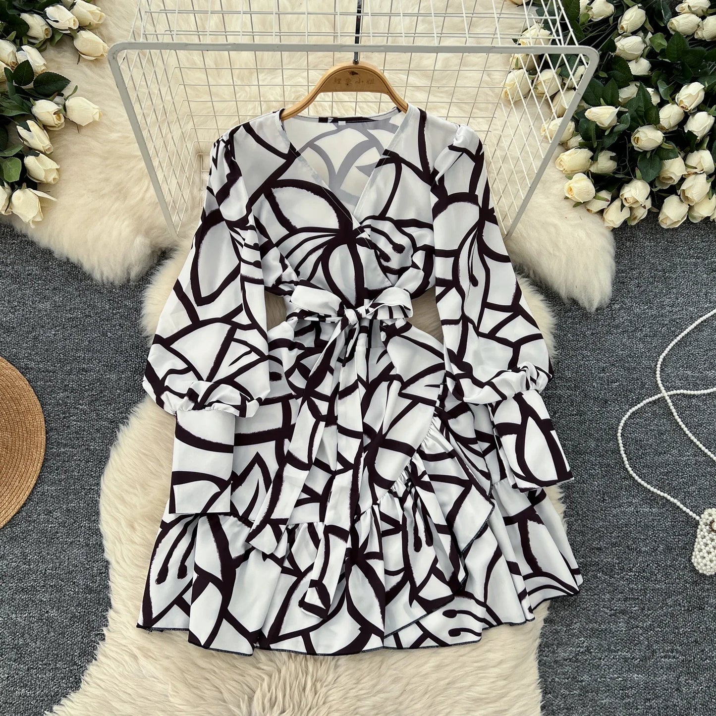 🍒V-neck lantern sleeve dress smat casual women elegant midi ruffle printed short dress french style evening wear chic spring outfits high street autumn fashion Don't Be Short On Minis